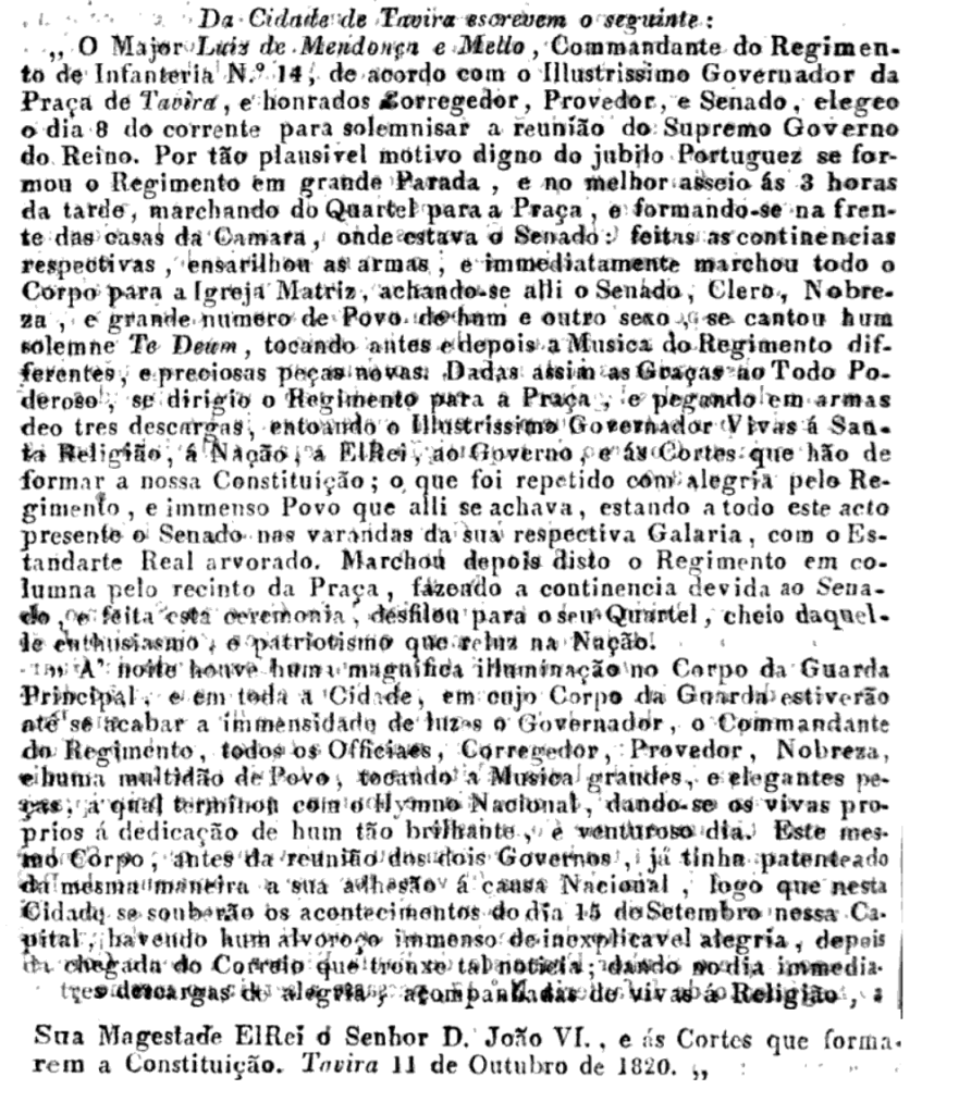 Extracto da Gazeta de Lisboa de 1820 nº 254